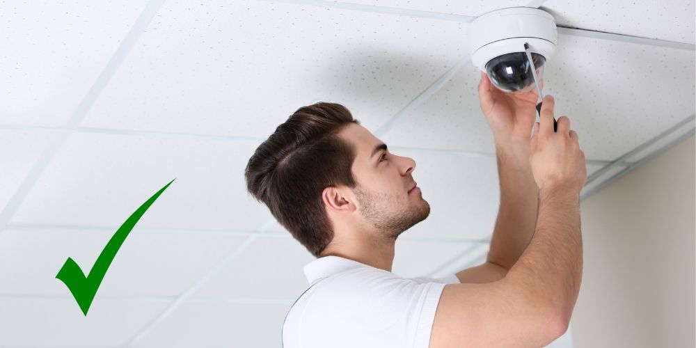 CCTV installation engineer fitting ceiling camera in Lincolnshire with green tick
