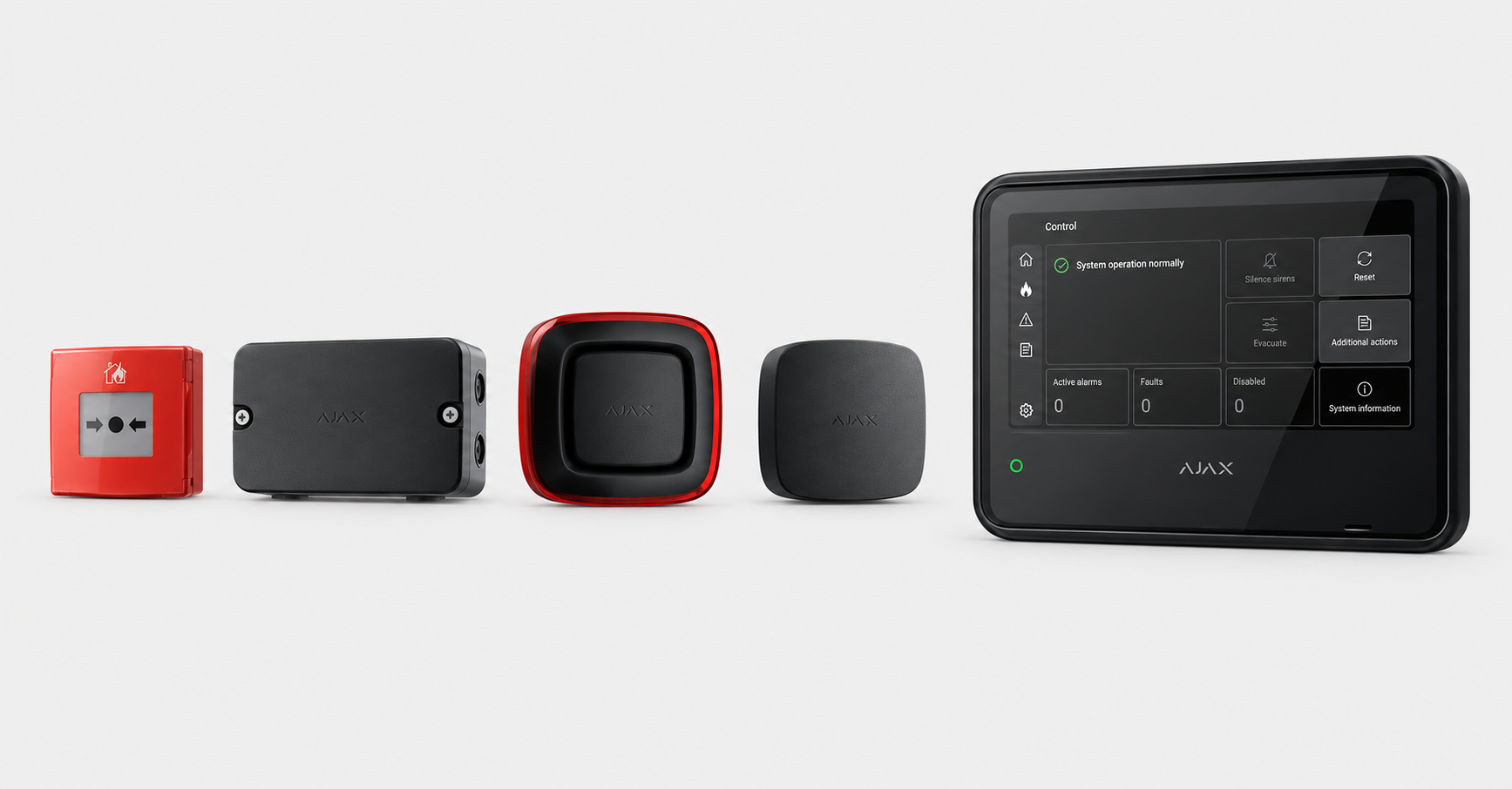 Ajax EN54 wireless fire alarm range with Fire Hub, manual call point and black wireless devices.
